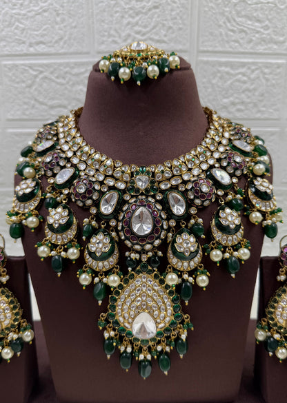 Royal Emerald Polki Kundan Bridal Necklace Set