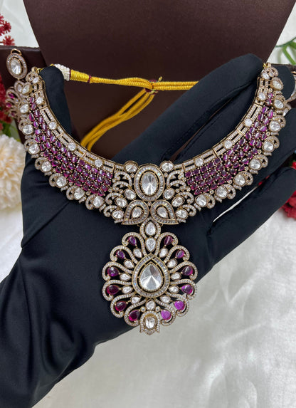 Pink Polki Kundan Bridal Necklace Set with Statement Pendant & Earrings
