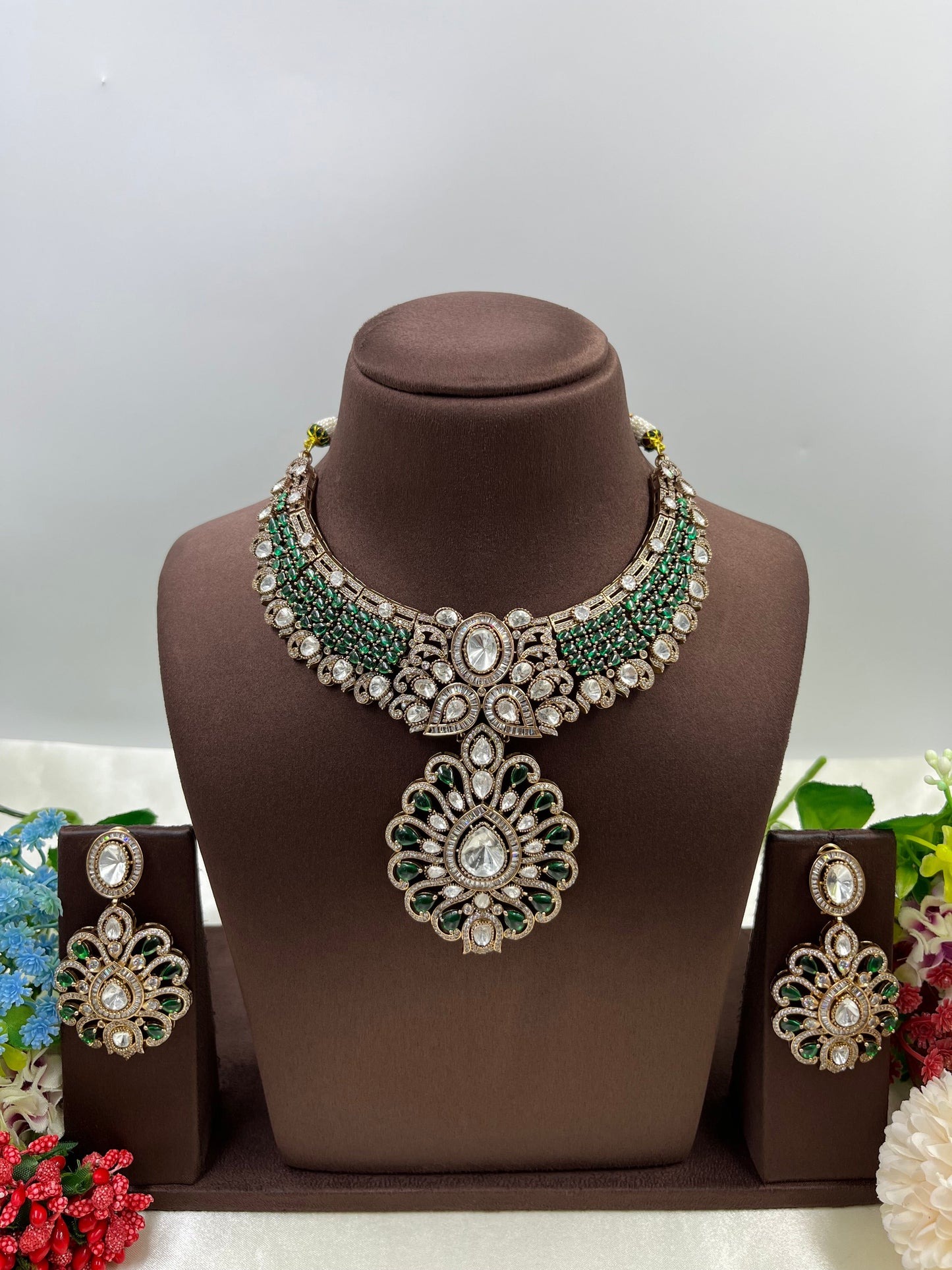 Pink Polki Kundan Bridal Necklace Set with Statement Pendant & Earrings
