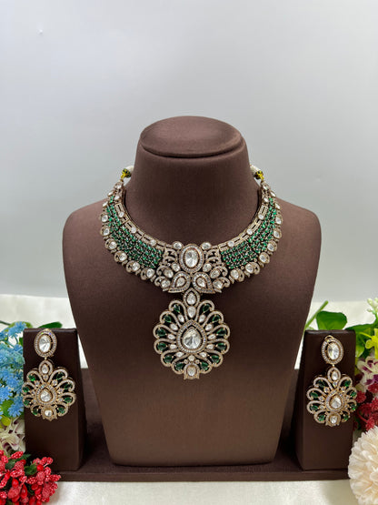 Pink Polki Kundan Bridal Necklace Set with Statement Pendant & Earrings