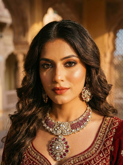 Pink Polki Kundan Bridal Necklace Set with Statement Pendant & Earrings