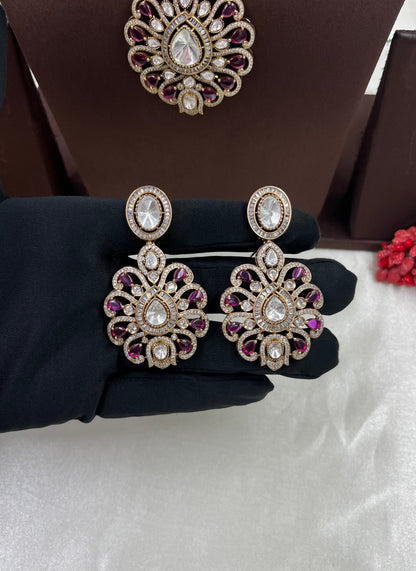Pink Polki Kundan Bridal Necklace Set with Statement Pendant & Earrings