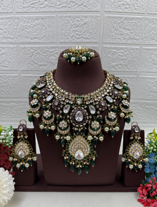 Royal Emerald Polki Kundan Bridal Necklace Set