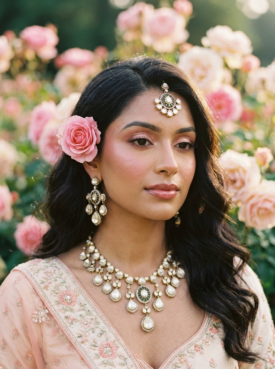 Bridal Wedding Jewelry Set with Earrings & Ring | Indian Ethnic Gold Necklace