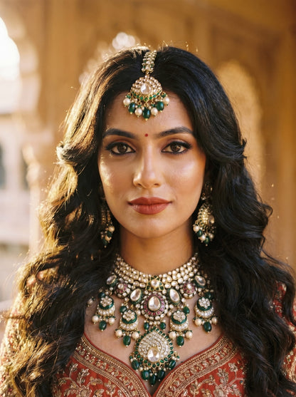 Royal Emerald Polki Kundan Bridal Necklace Set